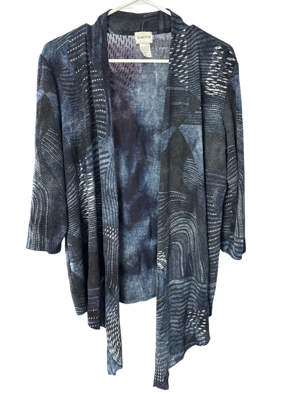 Chico's Open Front Cardigan Size 2 M Black Navy Blue Silver Shimmer Geometric